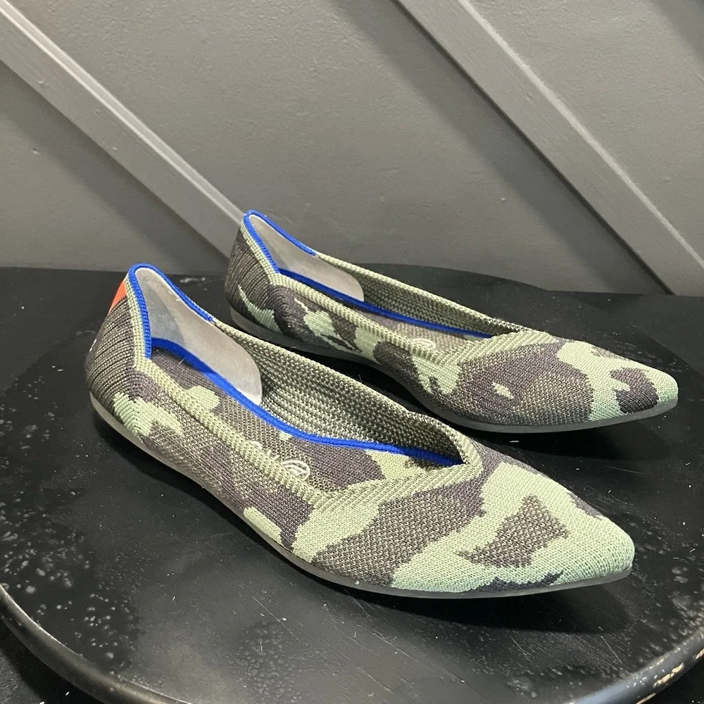 Rothys The Point Womens Sz 8.5 Green Camo Blue Trim Knit Ballet Flats Washable
